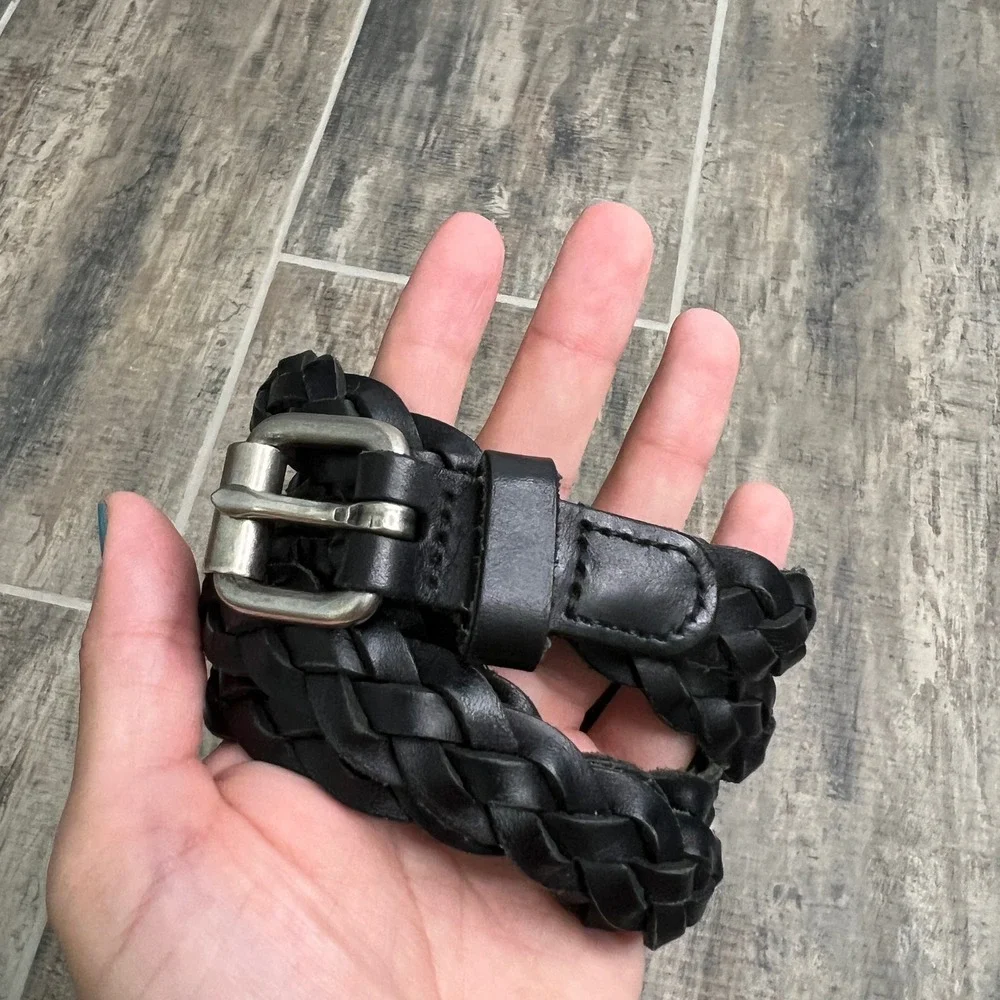 Braided Belt Women Large Black Genuine Leather Slim Woven Silver Buckle